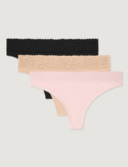Women's Second Skin Thong, Lace Waist (3-Pack)